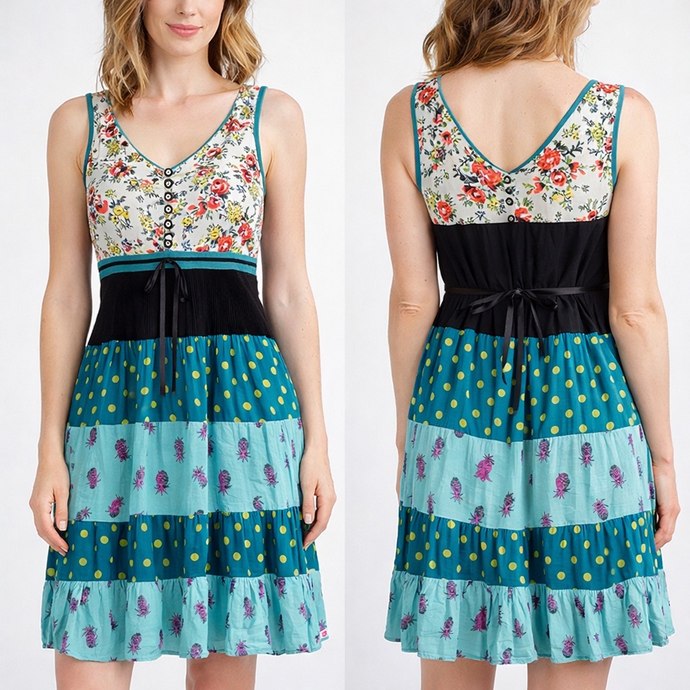 Tricot Chic Women’s 8 Boho Cottagecore Patchwork Floral Tiered Dress Folk